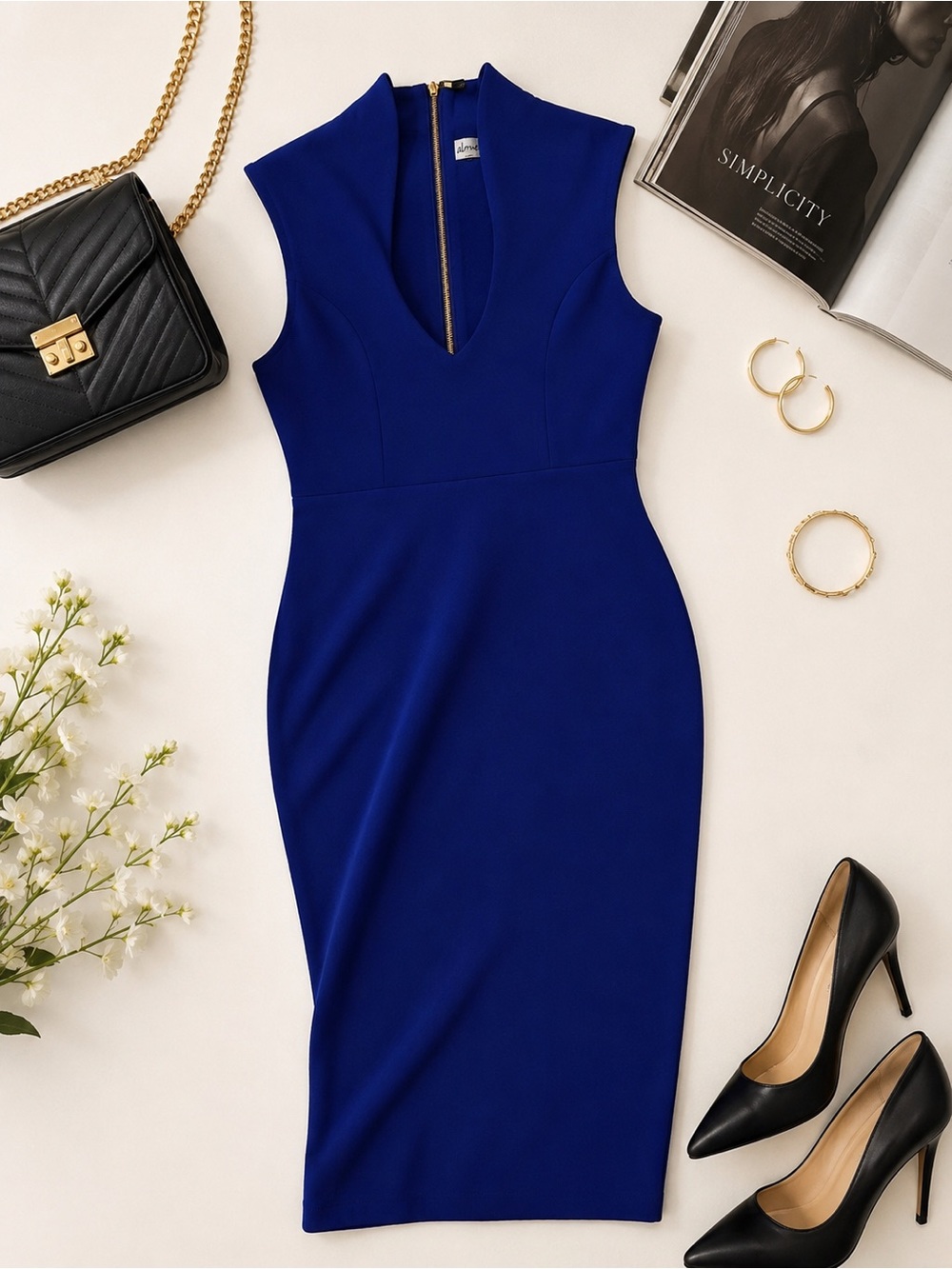 Sleeveless Royal Blue V-Neck Sheath Dress